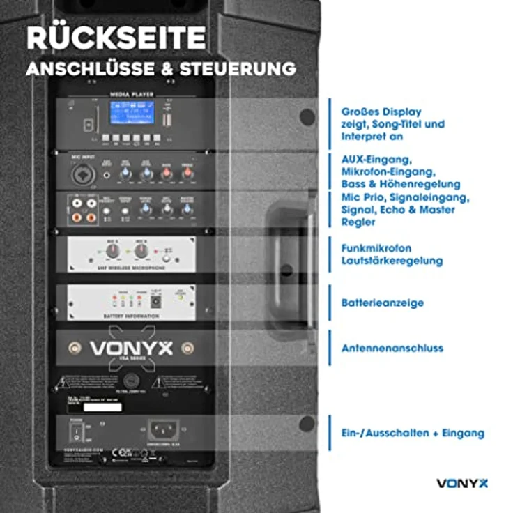 Vonyx VSA500-BP, 12" Tragbares Akku Lautsprecher System mit 800 W Leistung, Bluetooth und zwei drahtlosen Mikrofonen, schwarz – Bild 3