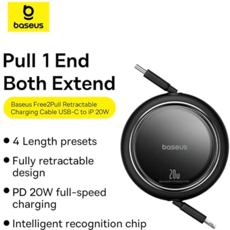 Baseus Free2Pull 20W USB-C/Lightning Aufrollbares Ladekabel, 1m, Schwarz, Hochgeschwindigkeits-Datenübertragung, einziehbares Design – Bild 7