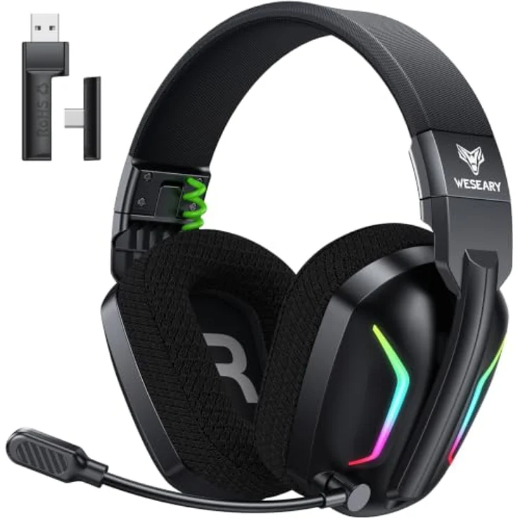 WESEARY Gaming Headset Wireless mit Mikrofon, 60 Stunden Akkulaufzeit, RGB-Beleuchtung, kompatibel mit PS5, PS4, PC, Switch und Handy – Bild 1