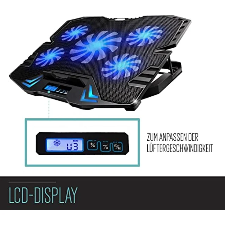 Ewent EW1259 Gaming Laptop Kühler, 12-17 Zoll, 5 ruhige Lüfter mit blauen LEDs, 2 USB-Ports, höhenverstellbarer Ständer, schwarz – Bild 5