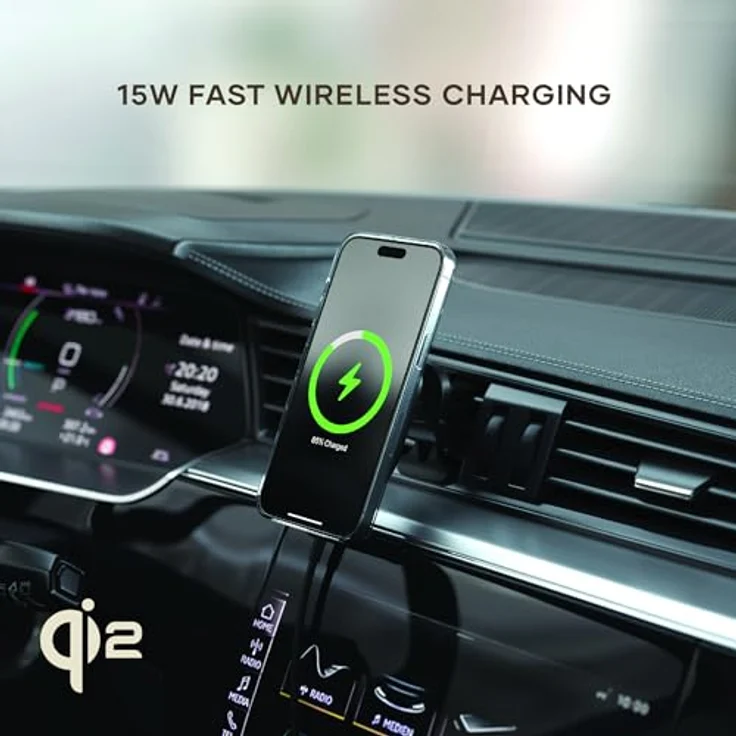 SATECHI Qi2 Kabelloses Auto-Ladegerät, Reisefreundliche Handyhalterung, 15W Schnellladegerät für iPhone 12-16, Silber – Bild 3