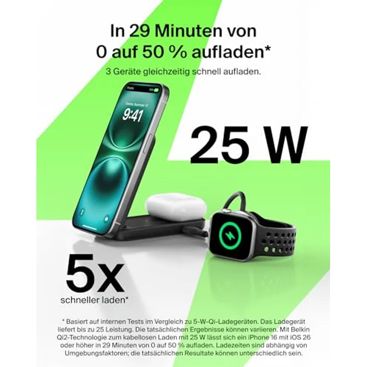 Belkin UltraCharge 2-in-1 Ladestation für Apple Watch und iPhone, 25W, Qi2, MagSafe-kompatibel, faltbar mit 45-W-Adapter – Schwarz – Bild 2