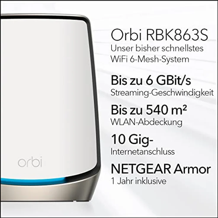 NETGEAR Orbi WiFi 6 Mesh WLAN System (RBK863S) | Triband Mesh, Router mit 2 Satelliten-Repeatern, Abdeckung von bis zu 540 m² und 100 Geräten, Armor Abonnement, AX6000 (bis zu 6 GBit/s) – Bild 2