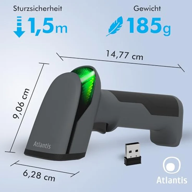 Atlantis A08-LD230P-2D-W Barcode-Scanner, Wireless 1D/2D, 60 fps, 640x480, liest Barcodes von Displays, 2600mAh Akku, IP54, USB-Anschluss – Bild 3