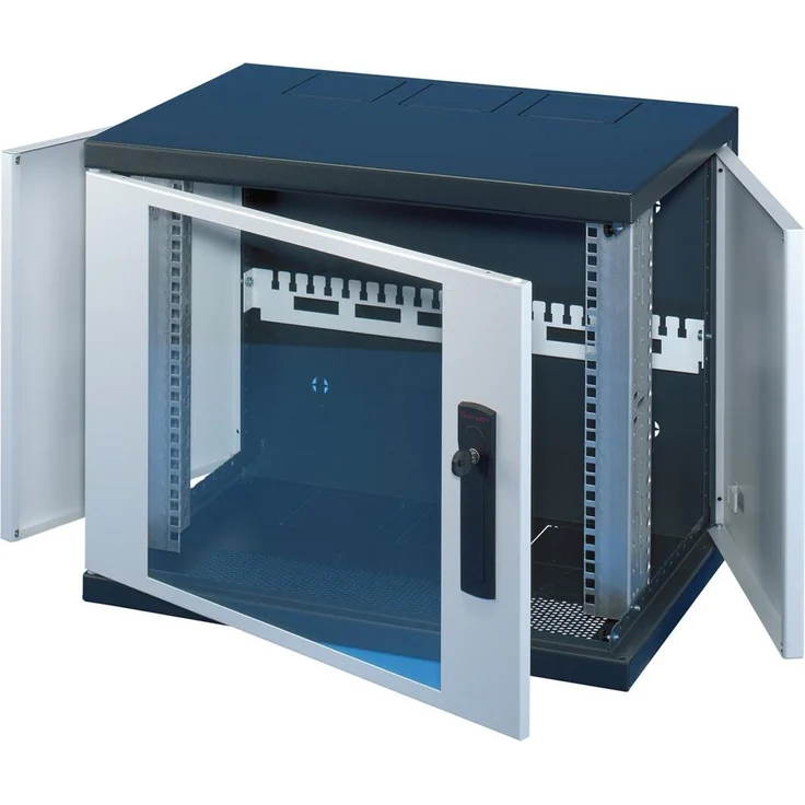 Schroff EPCASE Wandgehäuse 9 HE, 19 Zoll Rack mit schwenkbaren Seitenwänden, graue Glastür und passive Belüftung