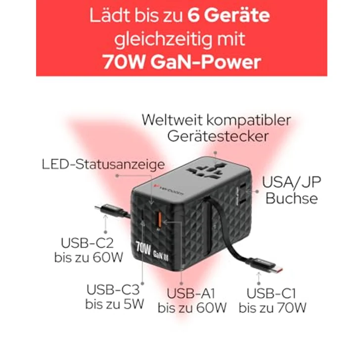Verbatim Charge 'n' Travel 70W 2C, tragbares USB Ladegerät mit 2 USB-Ports, schwarz – Bild 4