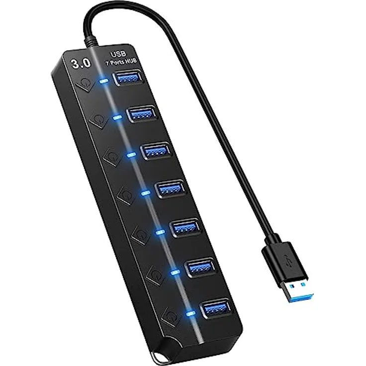 HORJOR Hub USB 3.0 7 Ports mit separatem Schalter und LED, Multi Port USB Hub Stromversorgung Adapter für Datenübertragung & Schnellladung