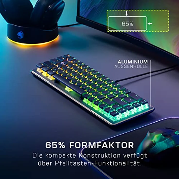 Roccat Vulcan II Mini 65% Optical Gaming Tastatur (DE-Layout), RGB-Beleuchtung, abnehmbares Kabel, Aluminiumoberfläche, schwarz, ROC-12-041 – Bild 2