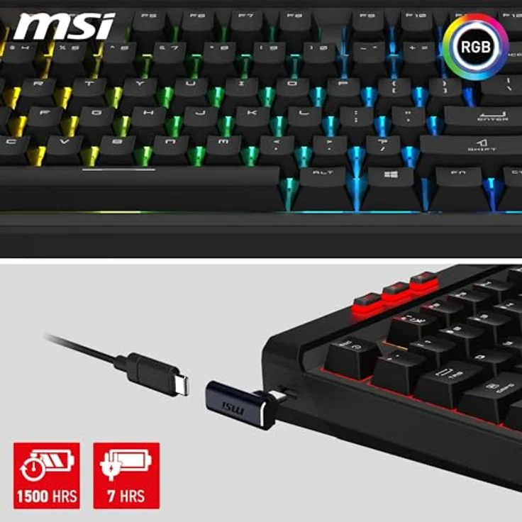 MSI Strike PRO Wireless, Leise mechanische Gaming-Tastatur mit Kailh Midnight Pro Silent Tactile-Schaltern, PBT-Tastenkappen, RGB Mystic Light, 4200-mAh-Akku, US-Layout, volle Größe – Bild 4