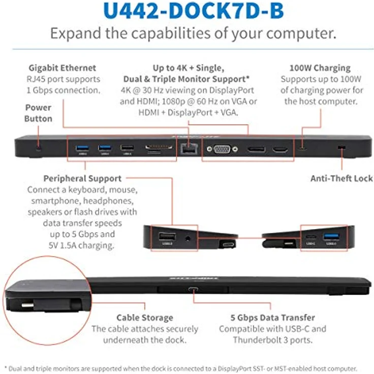 Eaton USB-C Docking Station mit Triple Display, 4K HDMI @ 30 Hz, DisplayPort, VGA, USB-A 3.2 Gen 1, Gigabit Ethernet Port, 100W PD Charging, Schwarzes Gehäuse (U442-DOCK7D-B) – Bild 3