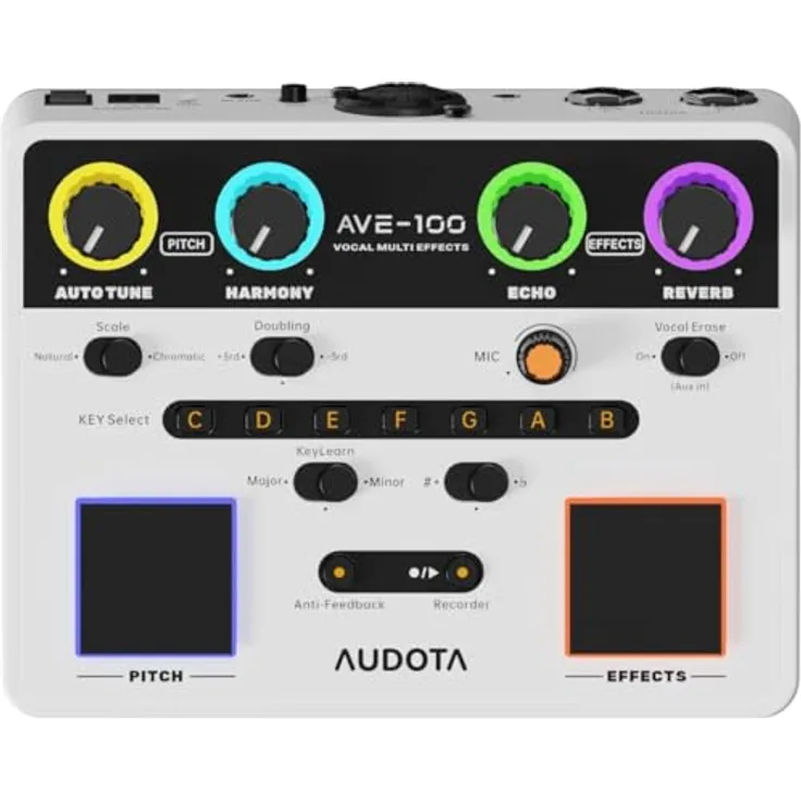Audota AVE100 Vocal-Prozessor, Multieffekte für Gesang & Streaming, mit Hall, Delay, Tonhöhenkorrektur und USB-Audio-Interface