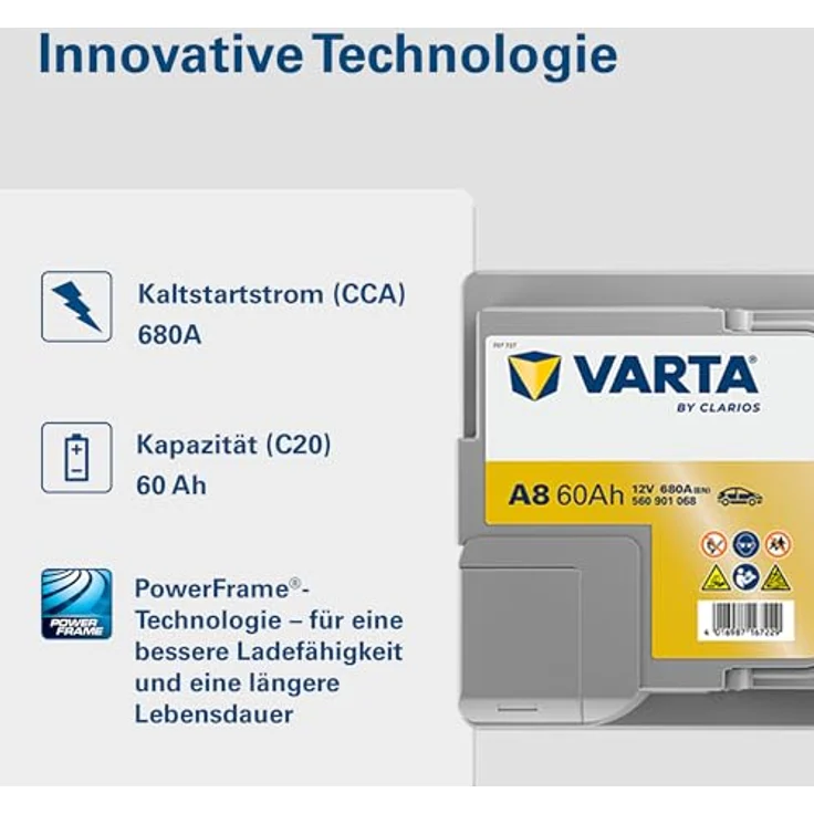 Varta Silver Dynamic AGM A8 12V 60Ah Autobatterie für Start-Stopp-Systeme, wartungsfrei, 680A Kaltstartstrom – Bild 4