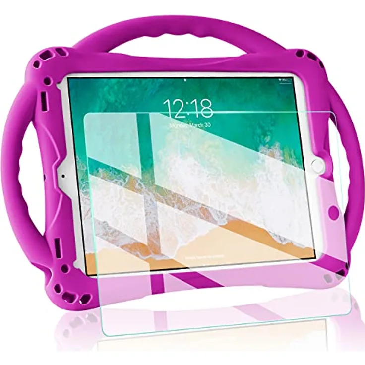 New iPad 2017/2018 9.7 inch Case/iPad Air Case, TopEsct Shockproof Silicone Handle Stand Case Cover&(Tempered Glass Screen Protector) for Apple iPad 9.7inch(2017/2018 Edition) and iPad Air (Purple)