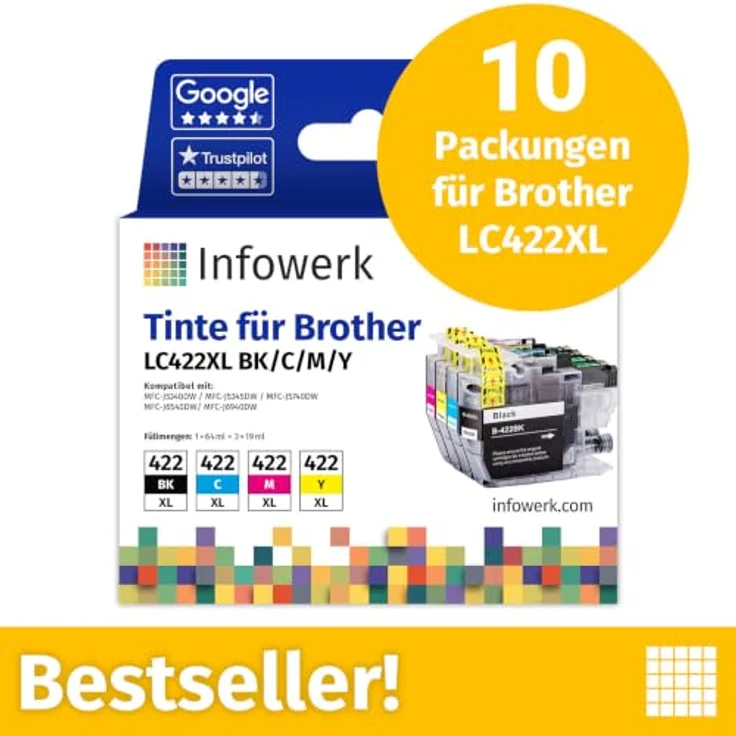 Infowerk LC422XL Tintenpatronen Set, 10-tlg. in Schwarz, Cyan, Magenta, Gelb, hohe Seitenleistung, kompatibel mit Brother-Druckern – Bild 2