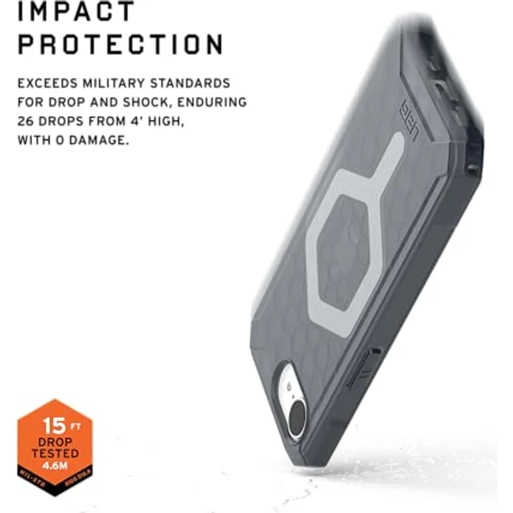 URBAN ARMOR GEAR Essential Armor MS Case für Apple iPhone 16E (Wireless Charging / Magnetisches Laden optimiert, 4,6m Fallschutz) ash (grau transparent) – Bild 4