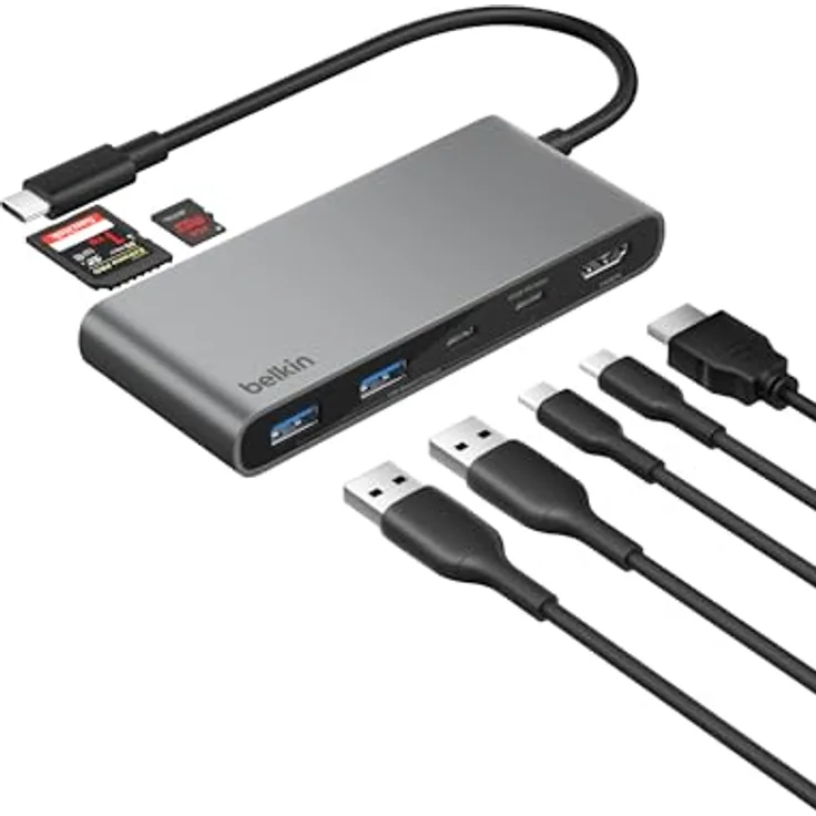 Belkin USB C Hub, 7-in-1 Docking Station mit 4K HDMI 60 Hz, 100 W Power Delivery, SD/MicroSD, 5 Gbit/s Datentransfer, kompakt - Grau