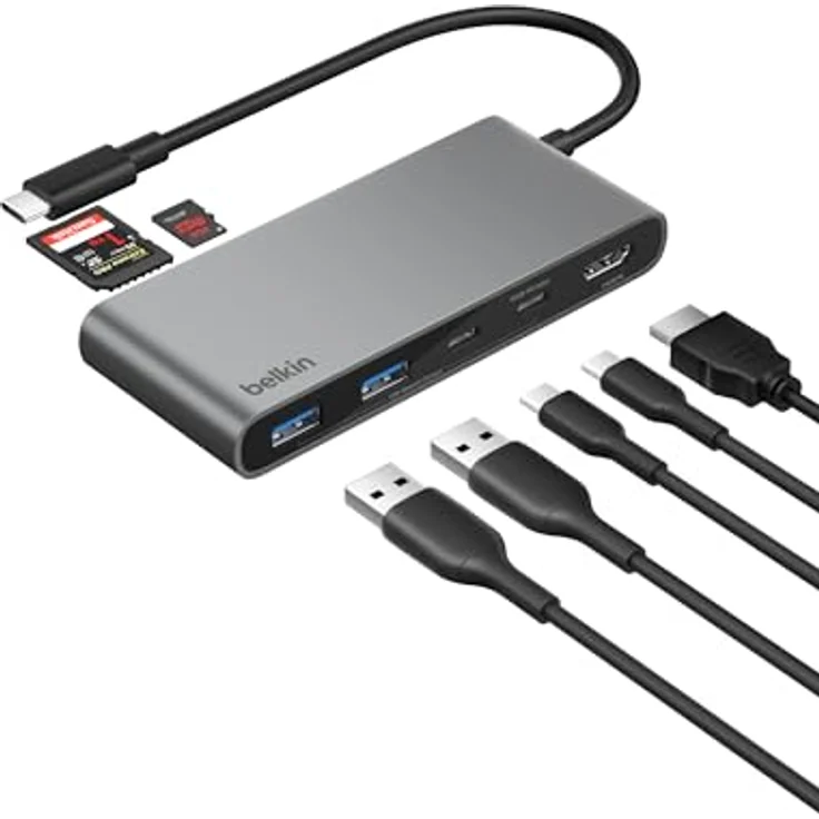 Belkin USB C Hub, 7-in-1 Docking Station mit 4K HDMI 60 Hz, 100 W Power Delivery, SD/MicroSD, 5 Gbit/s Datentransfer, kompakt - Grau – Bild 1