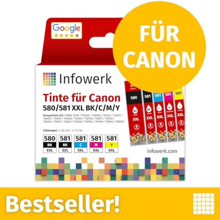 Infowerk PGI-580/581 XL Tintenpatrone, kompatible Druckerpatrone für Canon, Schwarz und Farben (27 ml + 12,5 ml) – Bild 2
