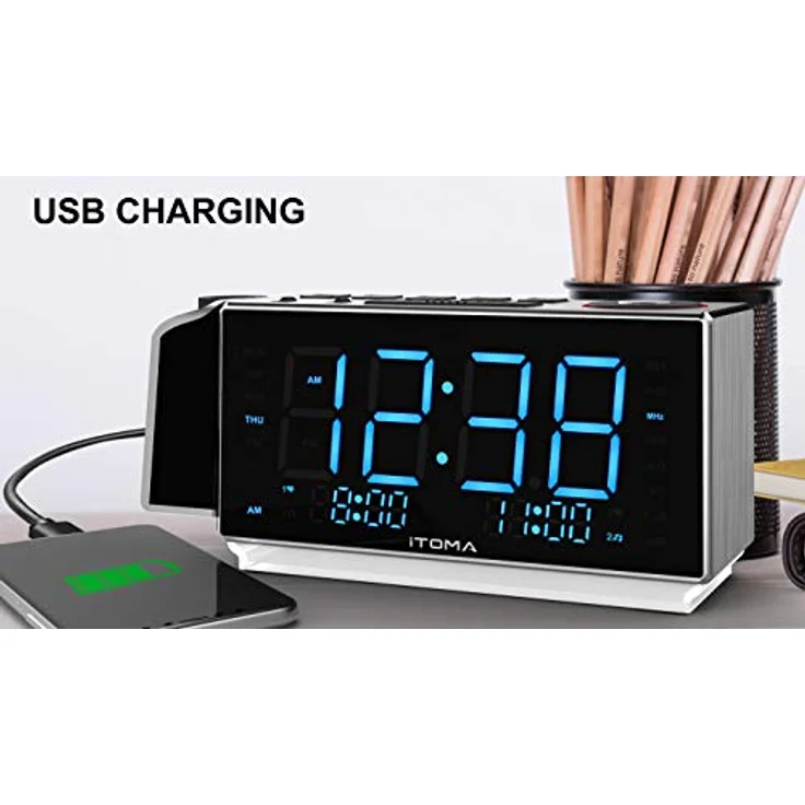 Projektionswecker mit UKW-Radio, USB-Aufladung, 1.8'' LED-Anzeige, Nachtlicht, Doppelalarm, Snooze, Dimmersteuerung, Nachttischuhr Radio iTOMA CKS509 – Bild 2