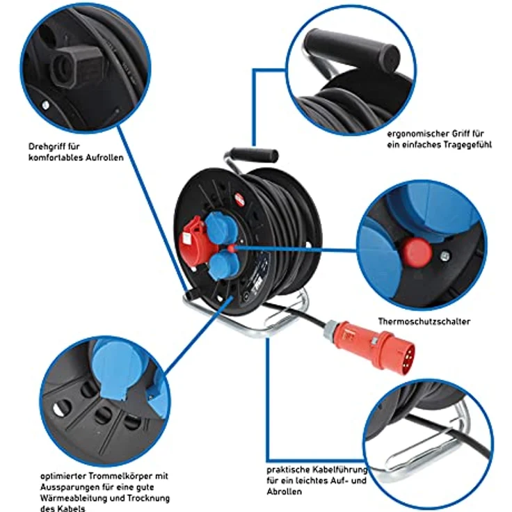 KALLE DAS KABEL Kabeltrommel CEE 400V 16A, 25 Meter, IP44, Schwarz, mit Thermoschutzschalter und drehbarem Griff – Bild 3