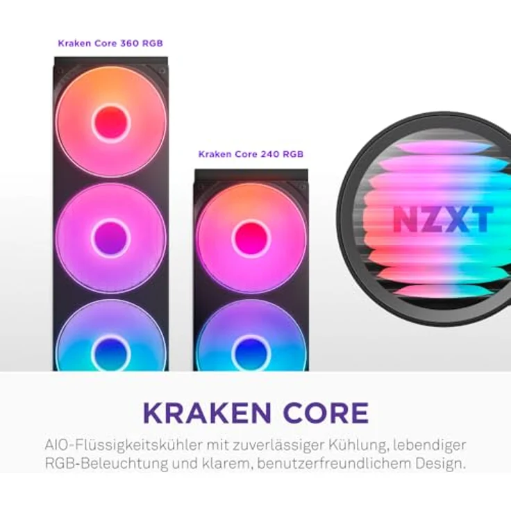 NZXT Kraken Core 240 RGB, AIO CPU-Wasserkühler mit 240-mm-Radiator und leisen PWM-Lüftern, kompatibel mit Intel® LGA 1851/1700/1200/115X & AMD® AM5/AM4, Schwarz – Bild 2