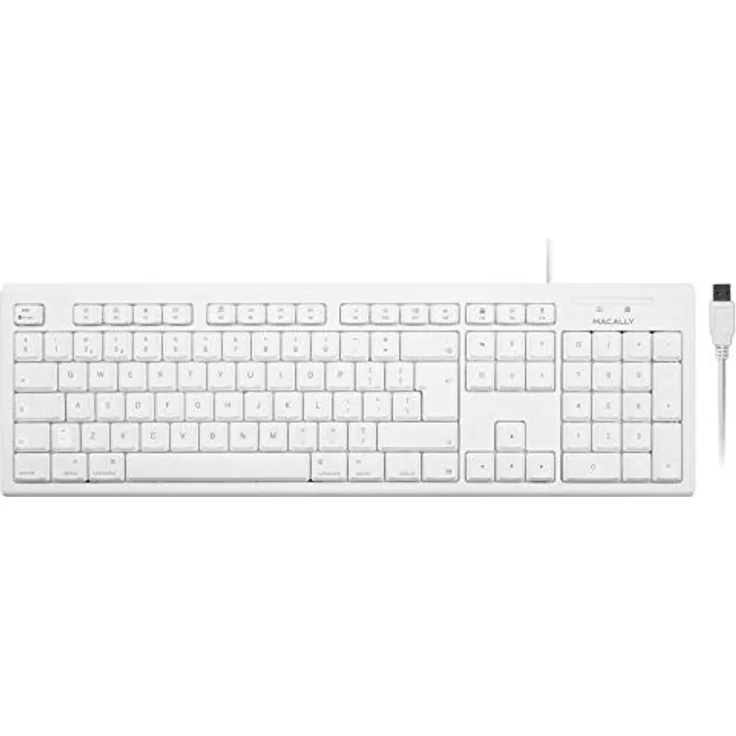 Macally QKEY-UK, erweiterte USB-A 105-Tasten-Tastatur mit Ziffernblock für Mac, UK QWERTY-Layout, weiß