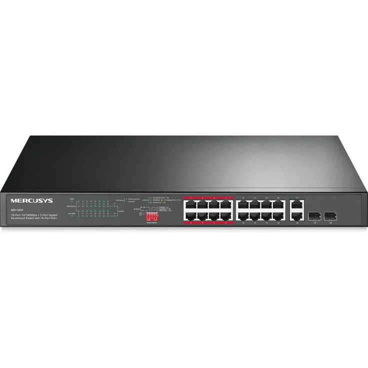 Mercusys MS118CP, 16-Port 10/100Mbps+ 2-Port Gigabit Rackmount Switch mit 16-Port PoE+, Schwarz