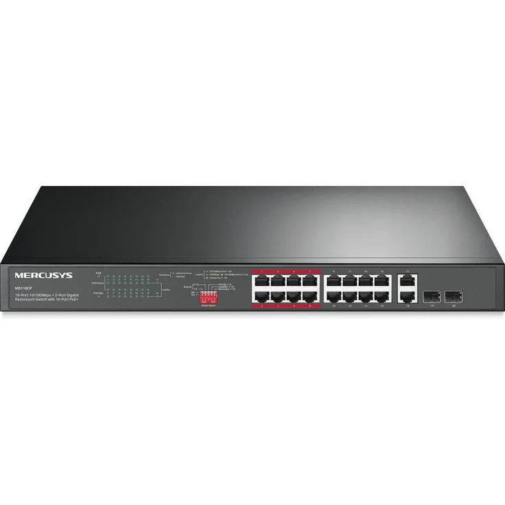 Mercusys MS118CP, 16-Port 10/100Mbps+ 2-Port Gigabit Rackmount Switch mit 16-Port PoE+, Schwarz