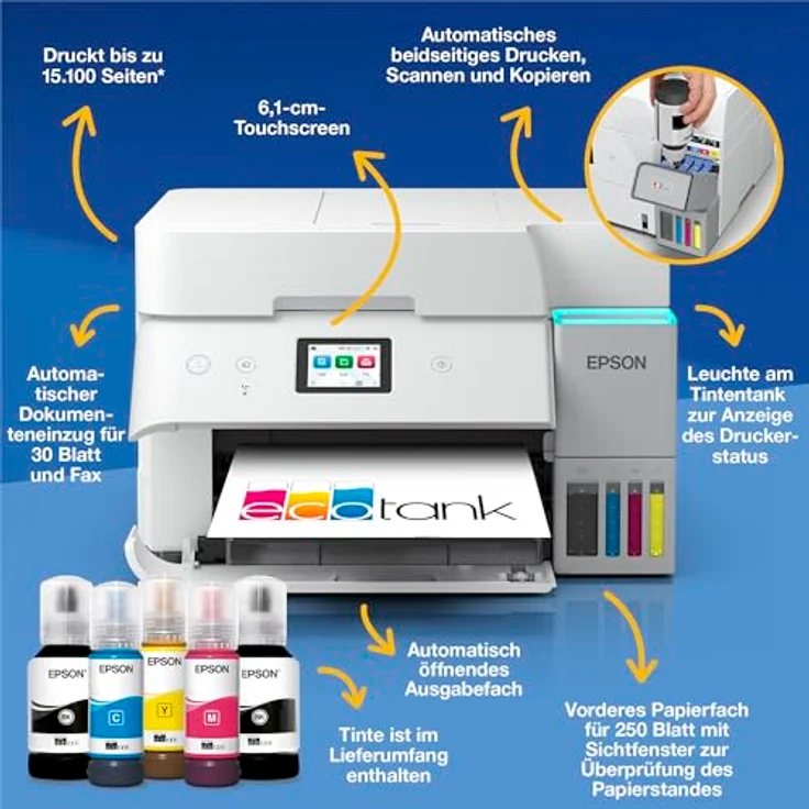 EPSON EcoTank ET-4956, Nachfüllbarer 4-in-1 Tintentankdrucker mit Duplex, WiFi, Apple AirPrint und 6,1 cm Touchscreen, weiß – Bild 2