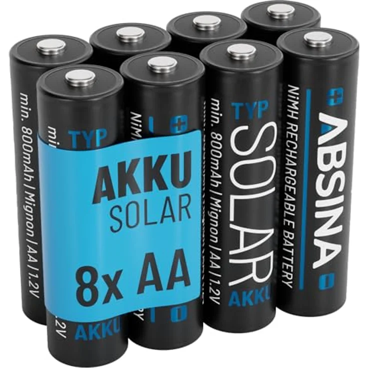ABSINA 8X Solar Akku AA wiederaufladbar 800mAh 1.2V NiMH - Mignon AA Solar Batterien für Solarleuchten - Solarakkus AA mit geringer Selbstentladung - Akku Solar Batterie, Akkus für Solarlampen, HR6 aufladbar, 8er Pack – Bild 1