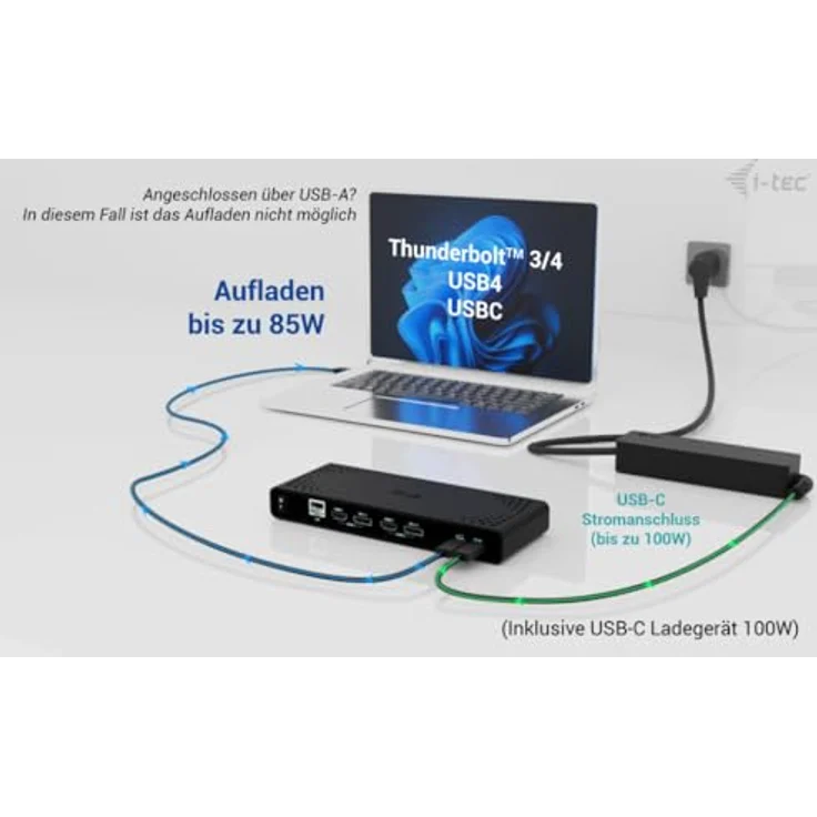i-tec Universelle Dockingstation Dual 4K Display mit Stromversorgung 85W - 2X DisplayPort und 2X HDMI, 5X USB-Anschlüsse, in Schwarz – Bild 2