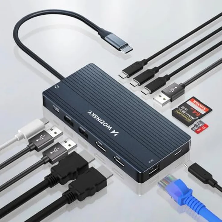 WOZINSKY USB-C Hub Adapter 14 in 1, 14 Ports, Power Delivery bis 100W, 2x HDMI, USB-A, RJ45, 3,5mm Audio, SD/TF-Kartenleser, Aluminiumgehäuse, 15cm Kabel – Bild 3
