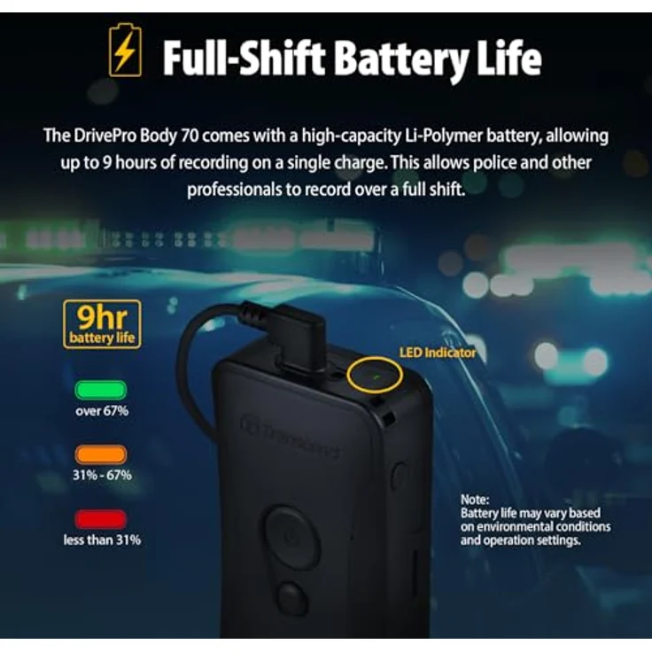 Transcend Body Camera Transcend - DrivePro Body 70, Separate Kamera (GPS-Empfänger, Akku, WLAN, Eingebautes Mikrofon, Nachtsicht, Bluetooth, Eingebautes Display, QHD), Dashcam, Schwarz – Bild 6