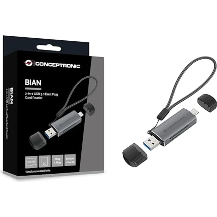 CONCEPTRONIC BIAN05G 2-in-1 USB 3.0 Dual-Plug-Kartenleser, SD/MicroSD 3.0, UHS-I