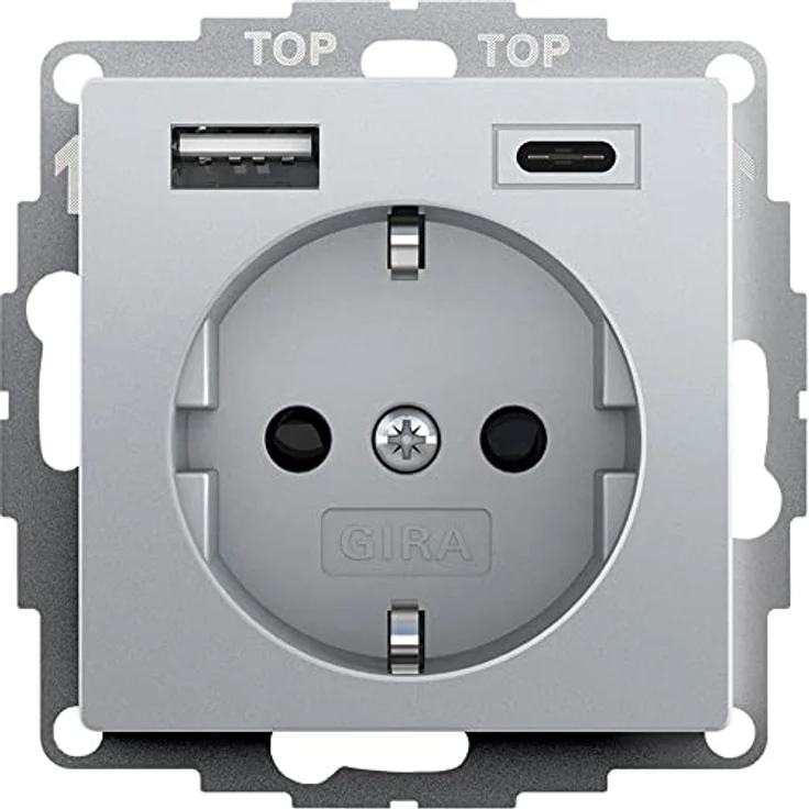 Gira 245926 SchukoSteckdose USB-Anschluss Shutter Berührungsschutz 2-fach Typ A(max.2,4A) Typ C(max.3A) System 55 Alu UP Unterputz Schutzkontaktsteckdose Wandsteckdose Smartphone Tablet 32mm – Bild 2
