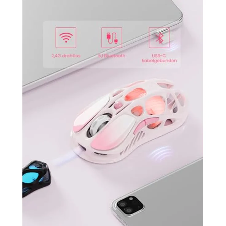 GravaStar Mercury M1 Pro Wireless Gaming Maus, Leichte Magnesium Gaming Maus mit 26.000 DPI, PAW3395DM, 5 programmierbaren Tasten, Triple-Mode, Farbverlauf Rosa – Bild 4