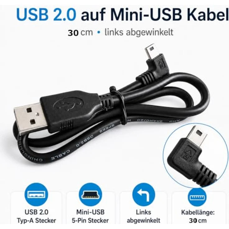 Bolwins K12 Mini USB Kabel, 30cm USB 2.0 A auf Mini USB 5-Pin, links abgewinkelt, Daten- und Ladekabel für Digitalkamera, GPS, MP3 Player – Bild 4