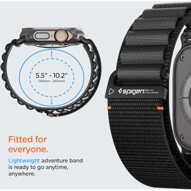 Spigen Basis-Stoffarmband für Apple Watch Ultra 2/1 49mm, Serie 11/10 46mm, 9/8/7 45mm, SE2/SE/6/5/4 44mm - Schwarz, Hakenverschluss, modernes Design, ganztägiger Tragekomfort – Bild 4