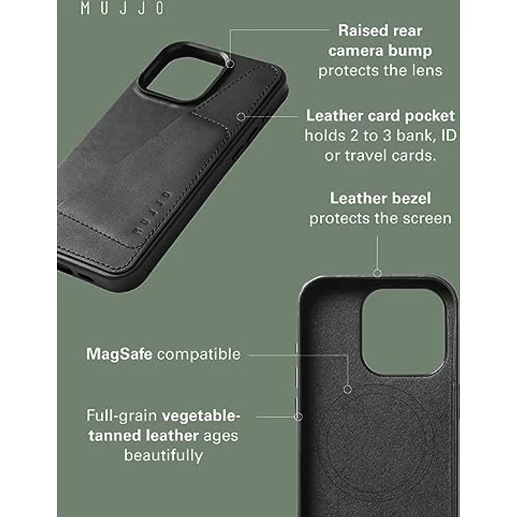 Mujjo Lederhülle Wallet iPhone 15 Pro Max schwarz - Integrierte Brieftaschen-Funktionalität, außergewöhnlicher Schutz, Magsafe-kompatibel – Bild 2