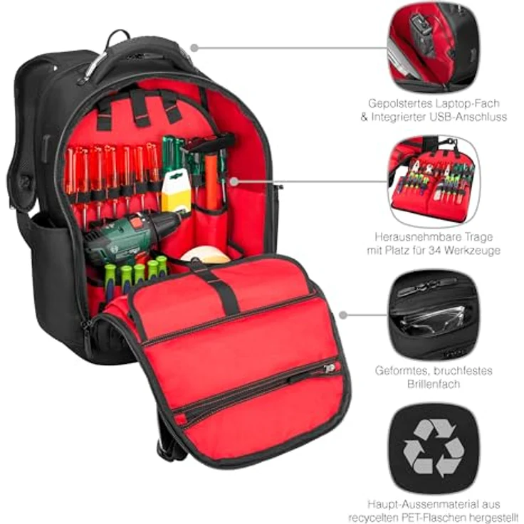 Wenger Tool Backpack Pro, Notebook Rucksack für bis zu 43,2 cm (17 Zoll), Schwarz mit USB-Anschluss und herausnehmbarer Werkzeugtrage – Bild 4