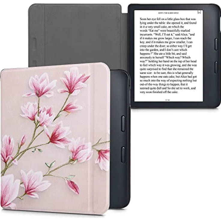 kwmobile Klapphülle kompatibel mit Kobo Libra 2 - eReader Case in Magnolien Rosa Weiß Altrosa mit Magnetverschluss und Kunstlederoberfläche – Bild 4