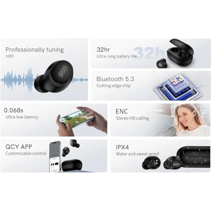 QCY Kabellose Ohrhörer TWS T27 (schwarz) mit Bluetooth 5.3 und 32 Stunden Laufzeit – Bild 7