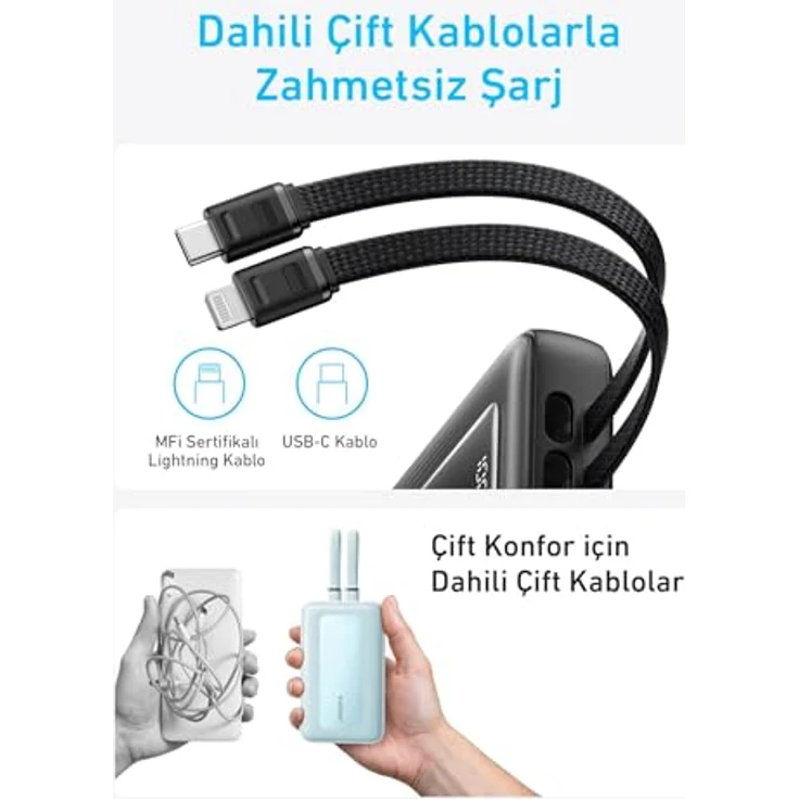 Anker Power Bank A1680G11, 10000mAh, 30W USB-C, integrierte Lightning Kabel, Schwarz – Bild 5