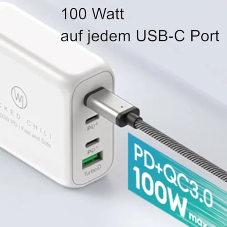 Wicked Chili 100W USB C GaN II Ladegerät | 4 Port Fast Charger PD Netzteil mit PPS kompatibel mit MacBook Pro, iPhone 16, 15, 14, 13 Pro Max Mini & iPad Pro (3X USB-C / 1x USB-A, Weiss) – Bild 4