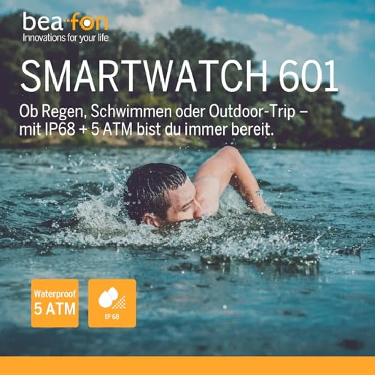 Beafon Smartwatch 601, 1,43“ AMOLED Display, Bluetooth Anrufe, GPS, Kompass, Höhenmesser, IP68, 5ATM, orange Sportband – Bild 4