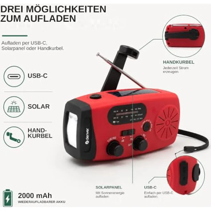 DENVER SCR-2007, Notfallradio mit Solar- und Dynamo-Antrieb, 2000 mAh Powerbank, FM, rot – Bild 4