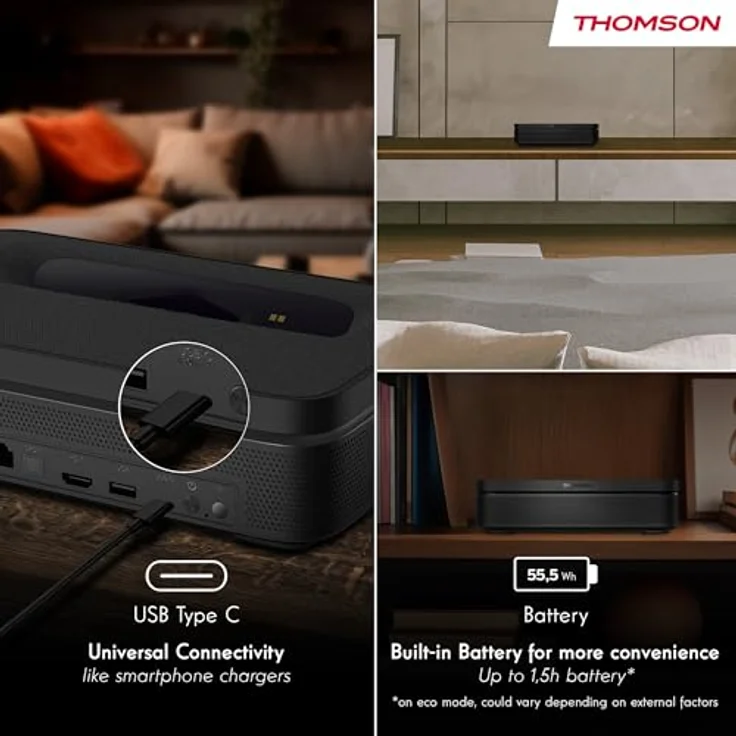 Thomson Sirius PG55B, tragbarer UHD-Laserprojektor mit 600 lm Helligkeit, Google-TV und Akku, Schwarz – Bild 8