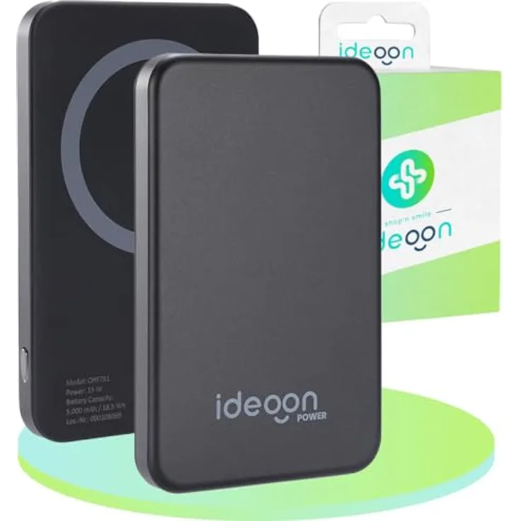 ideoon MagSafe Powerbank 5000 mAh, 15W Qi – Kompakte Wireless Power Bank für iPhone & Android – Schnelles Laden mit Quick Charge