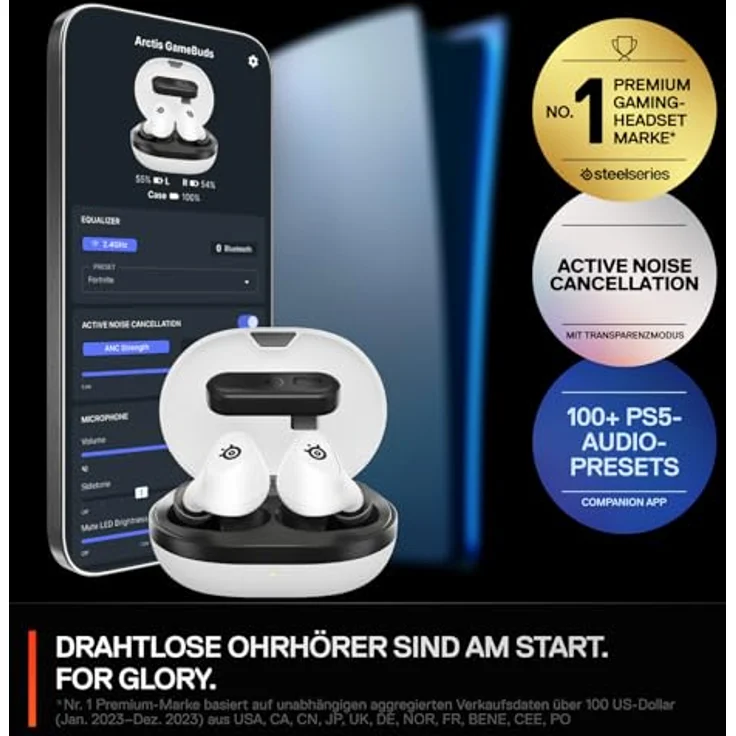 SteelSeries Arctis GameBuds für PlayStation – Wireless In Ear Gaming Kopfhörer – ANC/Transparenzmodus – Wasserbeständig IP55 – 40H Batterie – Drahtloses Laden – PS5, PC, Switch, Mobil – Bild 2