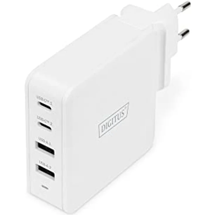 DIGITUS Universal GaN Ladegerät 100 W, 2-Port USB-C und 2-Port USB-A, Schnellladegerät Power Delivery (PD 3.0), kompakt und leicht, Weiß – Bild 1